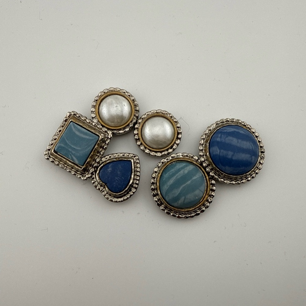 Vintage Metal Silver Tone, Denim Blue and Faux Pearl Button Covers, Set of 6